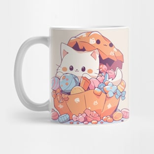 White cat in a bag of candies Mug